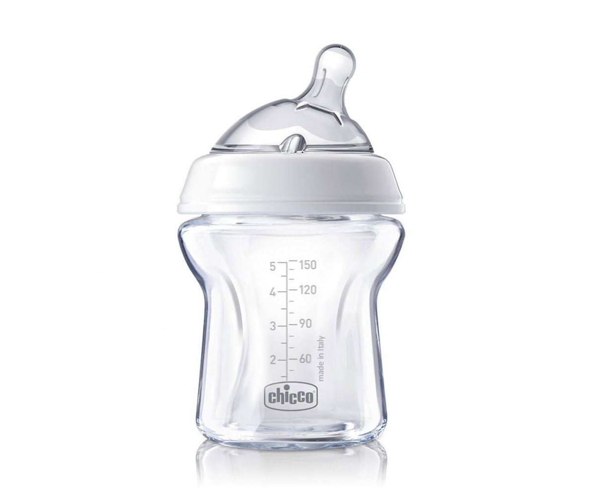 Бебешко стъклено шише за мляко и вода Chicco Natural Feeling, 0м+, 150 мл N0238