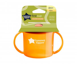 Детска неразливаща се пластмасова чаша с твърд накрайник и с дръжки Tommee Tippee First Cup, 190 мл, оранжева, 4м+ TT.0241