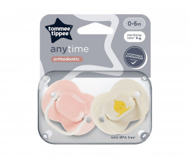 Ортодонтска залъгалка Tommee Tippee Anytime, 2 броя, със стерилизираща кутийка, розова/крем Пате, 0-6м TT.0266