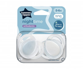 Ортодонтска залъгалка светеща в тъмното Tommee Tippee Night, 2 броя, със стерилизираща кутийка, бяла/синя, 0-6м TT.0269