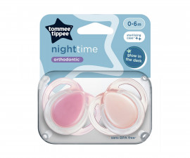Ортодонтска залъгалка светеща в тъмното Tommee Tippee Night, 2 броя, със стерилизираща кутийка, розови, 0-6м TT.0270