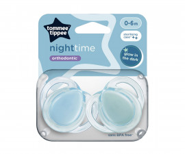 Ортодонтска залъгалка светеща в тъмното Tommee Tippee Night, 2 броя, със стерилизираща кутийка, сини, 0-6м TT.0271