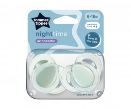Ортодонтска залъгалка светеща в тъмното Tommee Tippee Night, 2 броя, със стерилизираща кутийка, зелени, 6-18м TT.0276