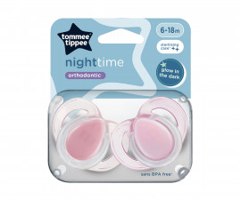 Ортодонтска залъгалка светеща в тъмното Tommee Tippee Night, 2 броя, със стерилизираща кутийка, розови, 6-18м TT.0277