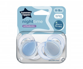 Ортодонтска залъгалка светеща в тъмното Tommee Tippee Night, 2 броя, със стерилизираща кутийка, сини, 6-18м TT.0278