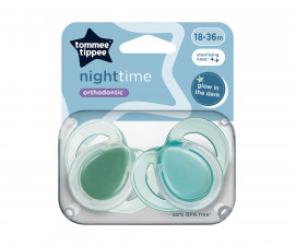 Ортодонтска залъгалка светеща в тъмното Tommee Tippee Night, 2 броя, със стерилизираща кутийка, зелени, 18-36м TT.0279