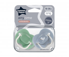 Ортодонтска залъгалка Tommee Tippee Anytime, 2 броя, със стерилизираща кутийка, зелена/синя Пате, 18-36м TT.0284