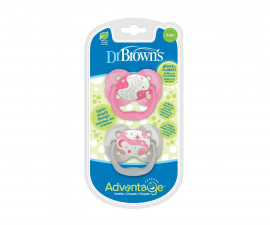 Ортодонтска силиконова залъгалка Dr.Browns Advanrage, 0-6м, 1 етап, 2 броя, розови светещи 72239318997