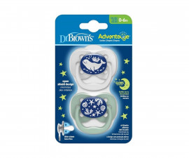 Ортодонтска силиконова залъгалка Dr.Browns Advanrage, 0-6м, 1 етап, 2 броя, сини светещи 72239319000