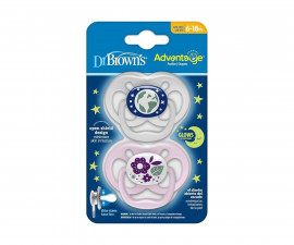 Ортодонтска силиконова залъгалка Dr.Browns Advantage, 6-18м, 2 етап, 2 броя, розови светещи 072239319017