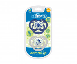 Ортодонтска силиконова залъгалка Dr.Browns Advantage, 6-18м, 2 етап, 2 броя, сини светещи PA22004-INTL