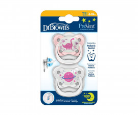Ортодонтска силиконова залъгалка Dr.Browns PreVent, 6-18м, 2 етап, 2 броя, розови, светещи в тъмното PV22007