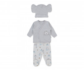 Детски дрешки марка Bebetto, серия Organic Stars and Koalas Z1029GR - Комплект камизолка, ританки и шапка, момче, 1-3 м., ръст: 56-62 см.