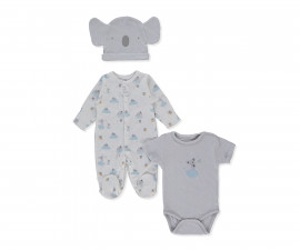 Детски дрешки марка Bebetto, серия Organic Stars and Koalas Z1031GR - Комплект гащеризон с ходило, боди с къс ръкав и шапка, момче, 3-6 м., ръст: 56-68 см.