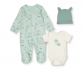 Детски дрешки марка Bebetto, серия Organic Sleepy Cat Z992G - Комплект гащеризон с ходило, боди с къс ръкав и шапка, момче, 3-6 м., ръст: 56-68 см.