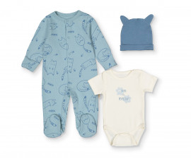 Детски дрешки марка Bebetto, серия Organic Sleepy Cat Z992I - Комплект гащеризон с ходило, боди с къс ръкав и шапка, момче, 3-6 м., ръст: 56-68 см.