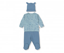 Детски дрешки марка Bebetto, серия Organic Sleepy Cat Z993I - Комплект камизолка, ританки и шапка, момче, 1-3 м., ръст: 56-62 см.