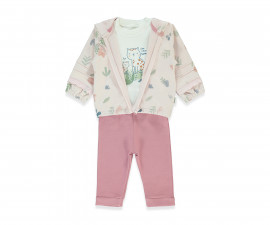 Детски дрешки Bebetto Cat Lover K4857 - Комплект суитшърт с качулка и цип, тениска и панталон, момиче, 24-36 м., мръсно розов