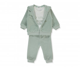 Детски дрешки Bebetto Dinosaur K5031 - Комплект плюшени суитшърт с качулка и цип, панталон и тениска, момче, 18-24 м., мента