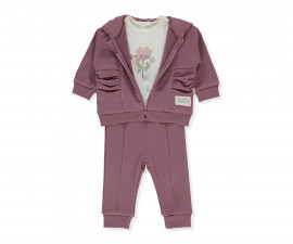 Детски дрешки Bebetto Retro Flower K4976 - Комплект суитшърт с качулка и цип, тениска и панталон, момиче, 24-36 м., мръсно розов