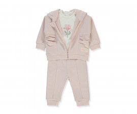 Детски дрешки Bebetto Retro Flower K4976 - Комплект суитшърт с качулка и цип, тениска и панталон, момиче, 24-36 м., пудра