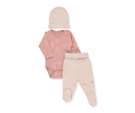 Детски дрешки Bebetto Mini Bee T3989 - Комплект боди с дълъг ръкав, ританки и шапка, момиче, 6-9 м., сьомга