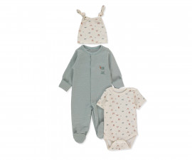 Детски дрешки Bebetto Wooden Car Z1038 - Комплект гащеризон с ходило, боди с къс ръкав и шапка, момче, 3-6 м., мента