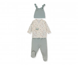 Детски дрешки Bebetto Wooden Car Z1039 - Комплект камизолка с прихлупване, ританки и шапка, момче, 1-3 м., мента