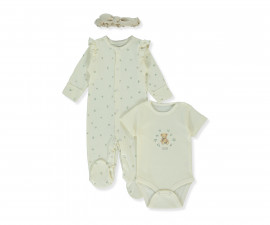 Детски дрешки Bebetto Organic Cute Bear Z1034 - Комплект гащеризон с ходило, боди с къс ръкав и лента за глава, момиче, 3-6 м., екрю