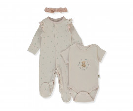Детски дрешки Bebetto Organic Cute Bear Z1034 - Комплект гащеризон с ходило, боди с къс ръкав и лента за глава, момиче, 3-6 м., сьомга