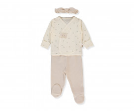 Детски дрешки Bebetto Organic Cute Bear Z1035 - Комплект камизолка, ританки и лента за глава, момиче, 1-3 м., бежов