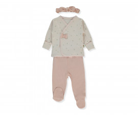 Детски дрешки Bebetto Organic Cute Bear Z1035 - Комплект камизолка, ританки и лента за глава, момиче, 1-3 м., розов