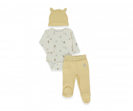 Детски дрешки Bebetto Organic Fun Moment T4093 - Комплект боди с дълъг ръкав, ританки и шапка, момче, 3-6 м., жълт