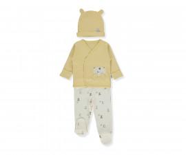 Детски дрешки Bebetto Organic Fun Moment Z1078 - Комплект камизолка, ританки и шапка, момче, 1-3 м., жълт