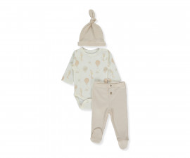 Детски дрешки Bebetto Organic Born with Love T4034 - Комплект боди с дълъг ръкав, ританки и шапка, унисекс, 3-6 м., бежов