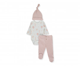 Детски дрешки Bebetto Organic Born with Love T4034 - Комплект боди с дълъг ръкав, ританки и шапка, унисекс, 3-6 м., мръсно розов