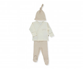 Детски дрешки Bebetto Organic Born with Love Z1060 - Комплект камизолка, ританки и шапка, унисекс, 1-3 м., бежов