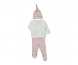 Детски дрешки Bebetto Organic Born with Love Z1060 - Комплект камизолка, ританки и шапка, унисекс, 1-3 м., мръсно розов