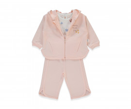 Детски дрешки Bebetto Loved K5350S - Комплект суитшърт с качулка и цип, тениска с къс ръкав и панталон, момиче, 18-24 м., 92 см., сьомга