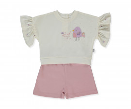 Детски дрешки Bebetto Blossom K5344DR - Комплект блуза с къс ръкав и шорти, момиче, 24-36 м., 98 см., мръсно розов