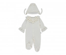 Детски дрешки Bebetto Ceremony T4264 - Комлпект гащеризон с ходило и шапка, момиче, 3-6 м., 68 см., тъмно екрю
