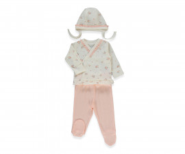 Детски дрешки Bebetto Bloom Z1132 - Комплект камизолка с прихлупване, ританки и шапка, момиче, 1-3 м., 62 см., розов
