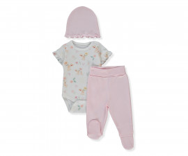 Детски дрешки Bebetto My Sun T4302P - Комплект боди с къс ръкав, ританки и шапка, момиче, 6-9 м., 74 см., розов