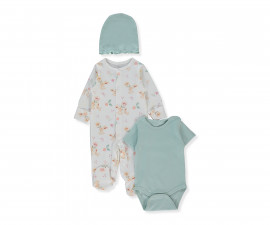 Детски дрешки Bebetto My Sun Z1138 - Комплект гащеризон с ходило, боди с къс ръкав и шапка, момиче, 3-6 м., 68 см., мента