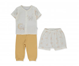 Детски дрешки Bebetto Pillowy F1465MU - Лятна муселинова пижама 3 части, унисекс, 18-24 м., 92 см., горчица