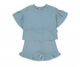 Детски дрешки Bebetto Pillowy K5192B - Комплект муселинови блуза с къс ръкав и шорти, момиче, 18-24 м., 92 см., син