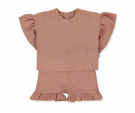 Детски дрешки Bebetto Pillowy K5192BR - Комплект муселинови блуза с къс ръкав и шорти, момиче, 18-24 м., 92 см., керемиден