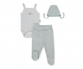 Детски дрешки Bebetto Flower Garden T4196 - Комплект боди с презрамки, ританки и шапка, момиче, 6-9 м., 74 см., мента