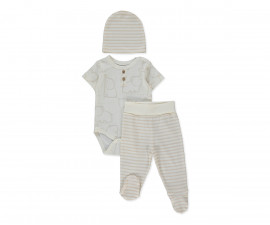 Детски дрешки Bebetto Happy Animal T4186BE - Комплект боди с къс ръкав, ританки и шапка, унисекс, 6-9 м., 74 см., бежов