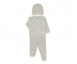 Детски дрешки Bebetto Happy Animal Z1133BE - Комплект камизолка с прихлупване, ританки и шапка, унисекс, 1-3 м., 62 см., бежов